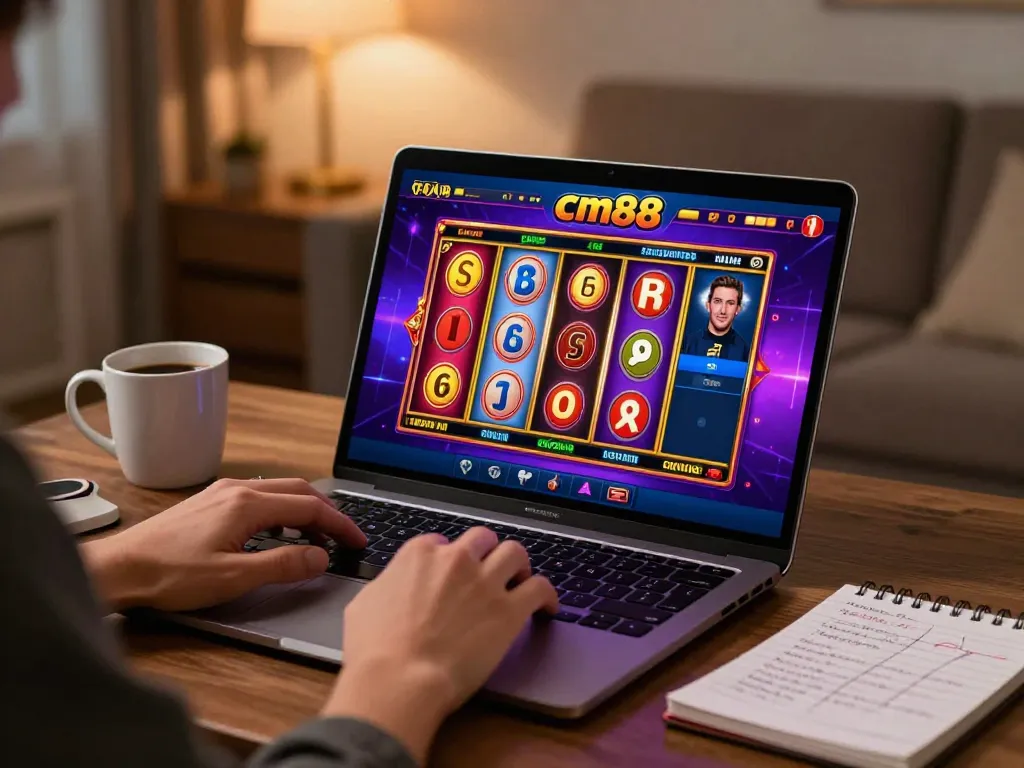Player exploring CM88 casino options on a laptop, safe online gaming atmosphere