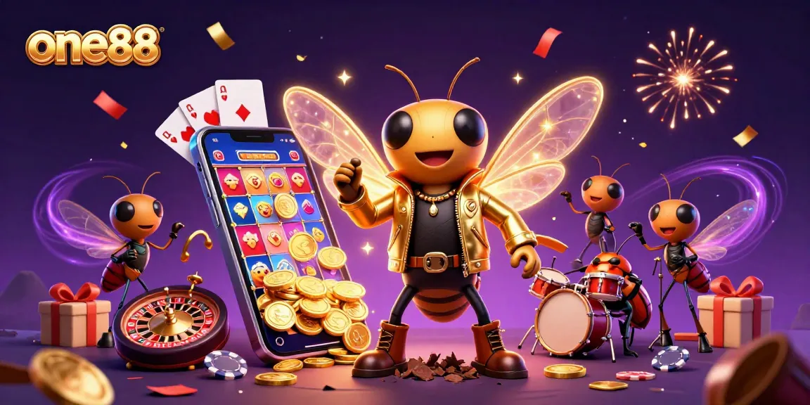 one88 casino excitement with cartoon cicada rock star, golden coins, and thrilling slot games.