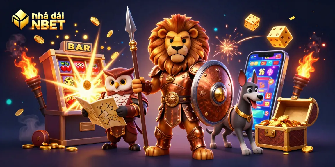 Engage with Nhà cái NBET through a thrilling jackpot scene featuring a Spartan lion and dynamic casino elements.