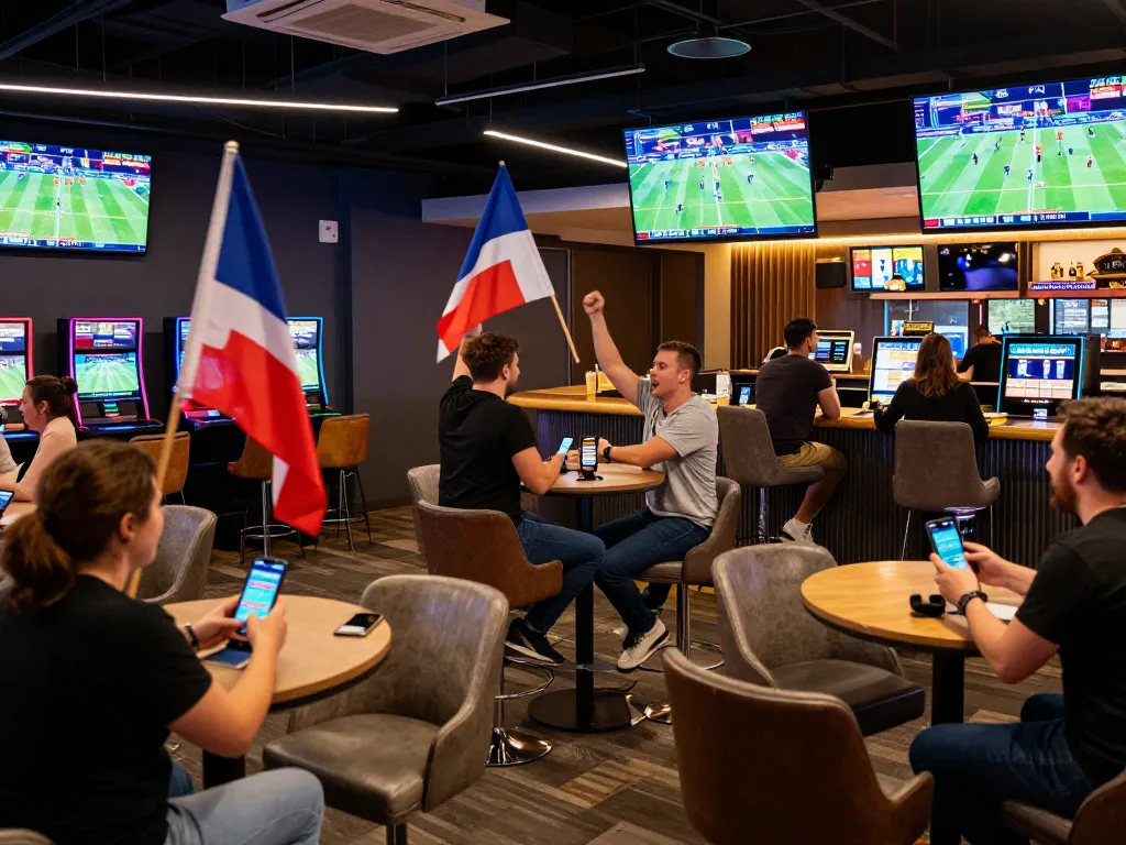 AA888 sports betting lounge with fans placing bets and cheering for their teams