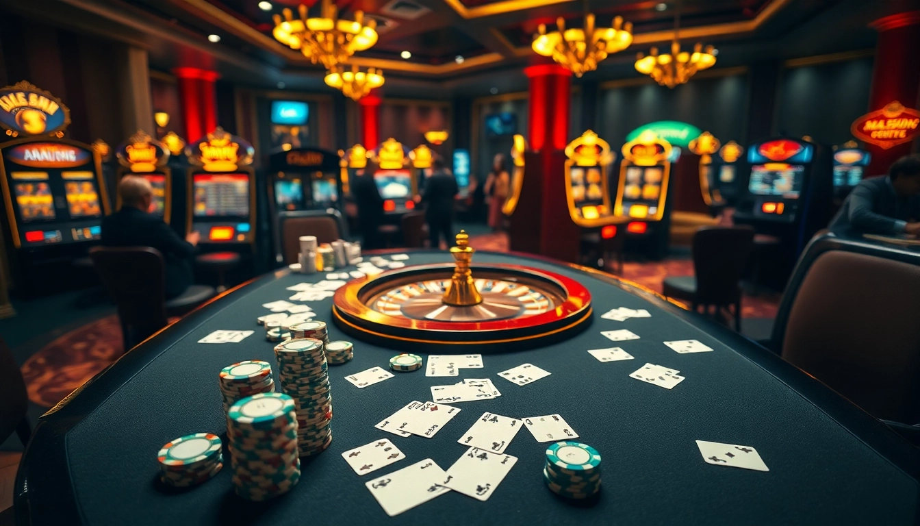 Um jogador aproveitando um jogo emocionante no cassino AA888, cercado por máquinas caça-níqueis vibrantes e fichas de poker.