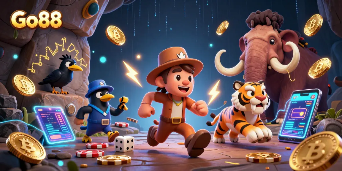 Go88 engaging players at a virtual prehistoric casino with crypto elements and lively game actions