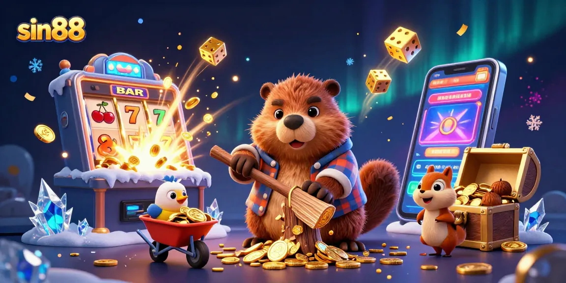 sin88 celebrates big wins with a lively 3D scene of characters amidst slot machines and gold treasures.