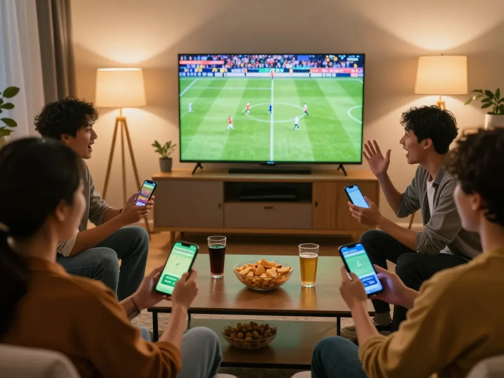Socolive users passionately placing bets while watching a live football match at home during a gathering.