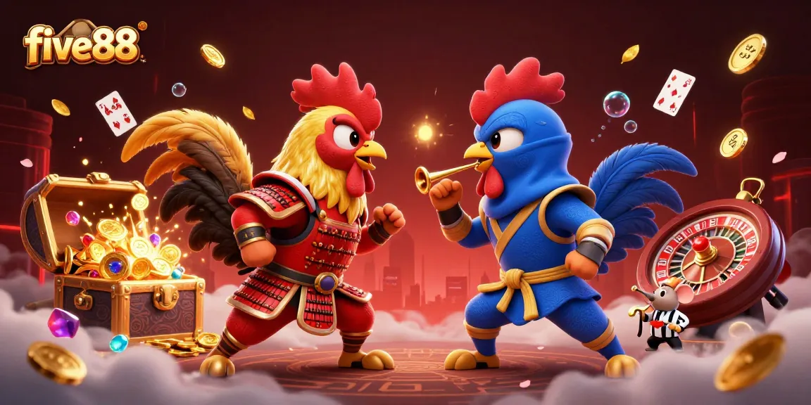 Engage in action-packed gambling with five88 featuring cartoon roosters and vibrant casino elements.