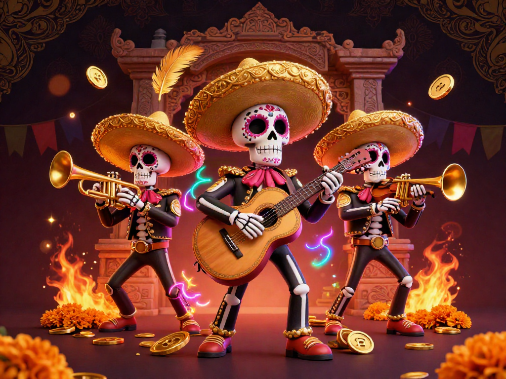 Experience the thrill of ku88 with lively skeleton mariachi musicians in a vibrant casino scene.
