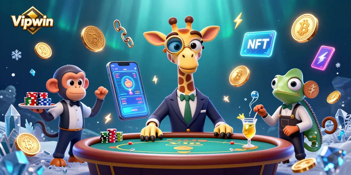 Experience the excitement of Vipwin with a high-roller giraffe at a VIP poker table surrounded by crypto elements.