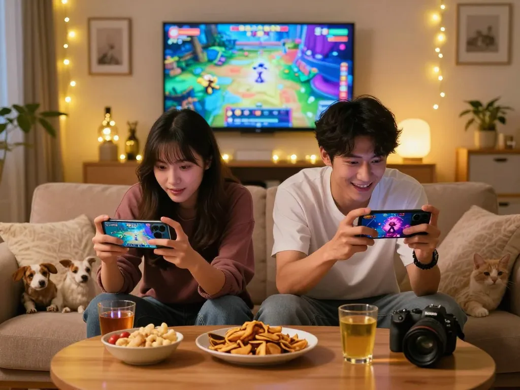 Enjoying a mobile porn game in a cozy setting with friends and snacks.