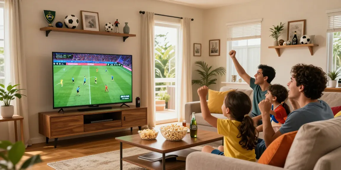 família assistindo a jogo de futebol com bestbraziliptv na sala de estar, petiscos e alegria