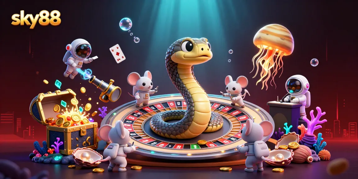 Experience thrilling bets on sky88 with a cosmic dealer and vibrant gambling elements in a dynamic 3D scene.
