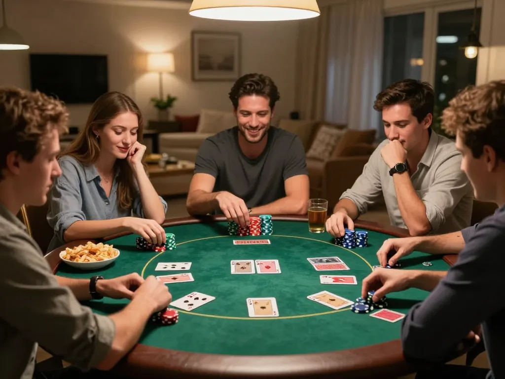 Friends playing poker at home, showcasing C168 gaming strategies in a fun atmosphere.