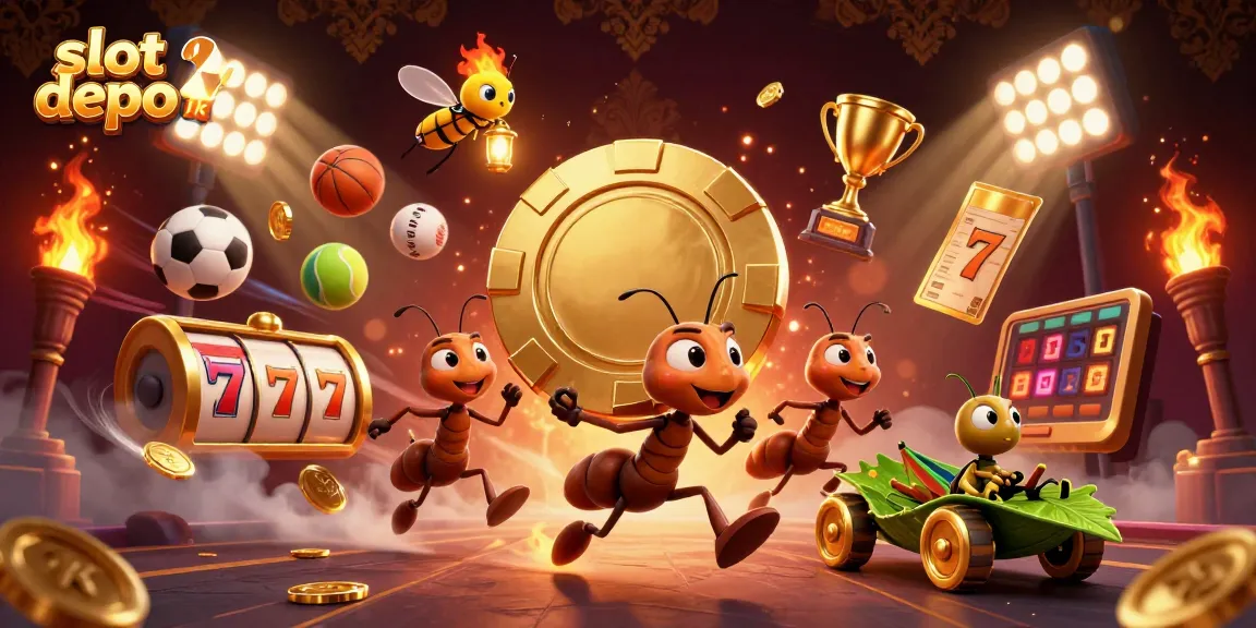 Experience thrill with slot depo 1k as ants carry a giant poker chip in a vibrant casino heist scene.