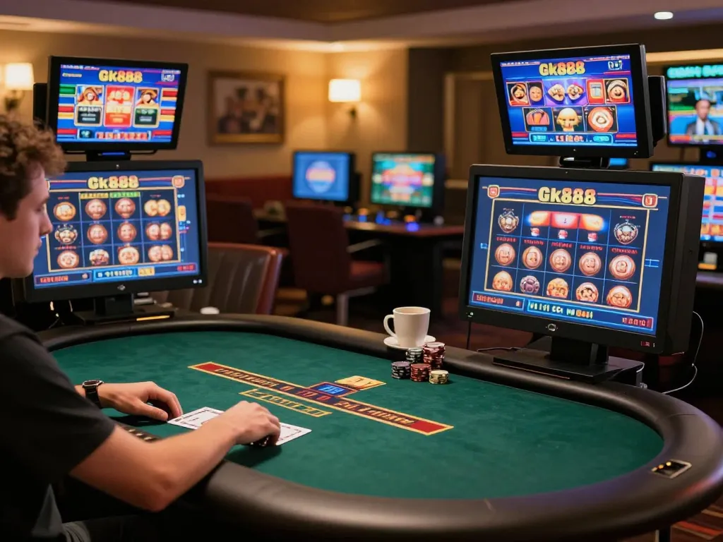 Engaged player enjoying online poker gameplay at home featuring gk888 slots interface, highlighting strategic gambling.