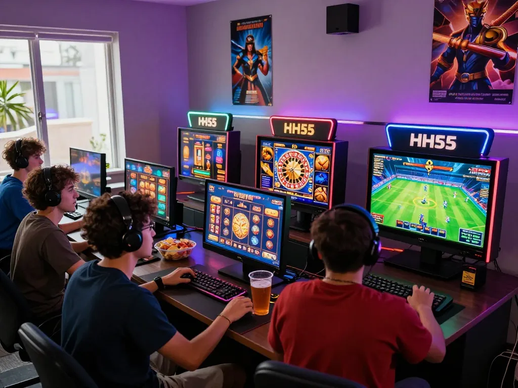 Engaging group of friends playing on HH55 gaming platform showcasing vibrant excitement and social fun.