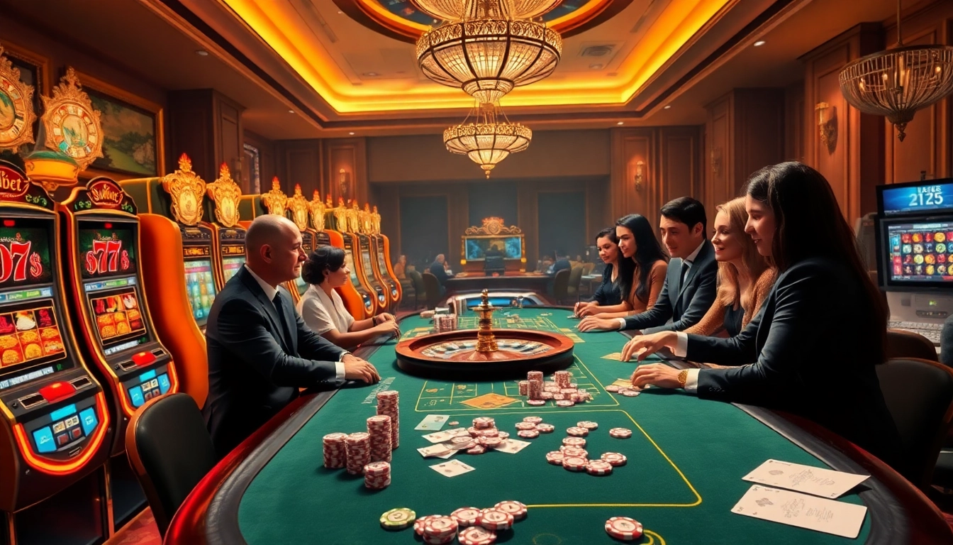 Players enjoying a thrilling round at Soibet casino table amidst vibrant slot machines and roulette.