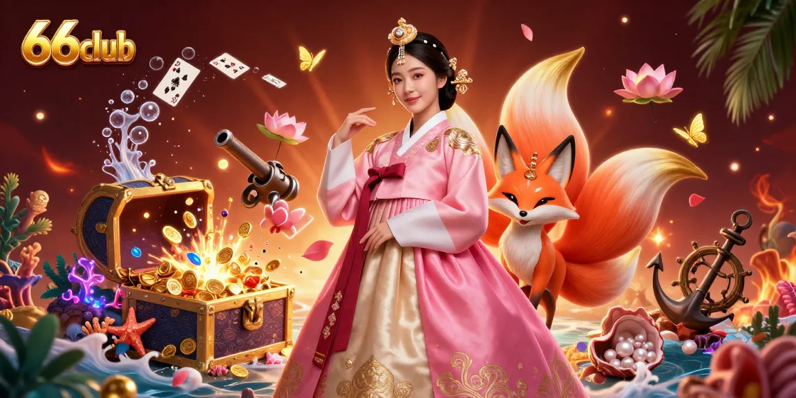 Engage with the vibrant 66club casino world, adorned by a stylish Asian woman and a lucky fox amid treasures.