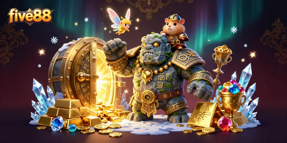 Experience thrilling games at five88 with an enchanting golem guardian and treasure-rich scene in this digital illustration.