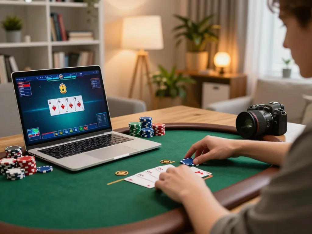 Engaged player placing bets in a poker game on 789Win's online platform during cozy home session