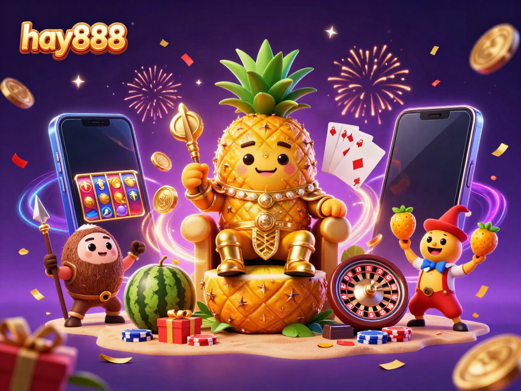 Engage with thrilling slots action at hay888 featuring a vibrant 3D golden pineapple king and lively casino elements.