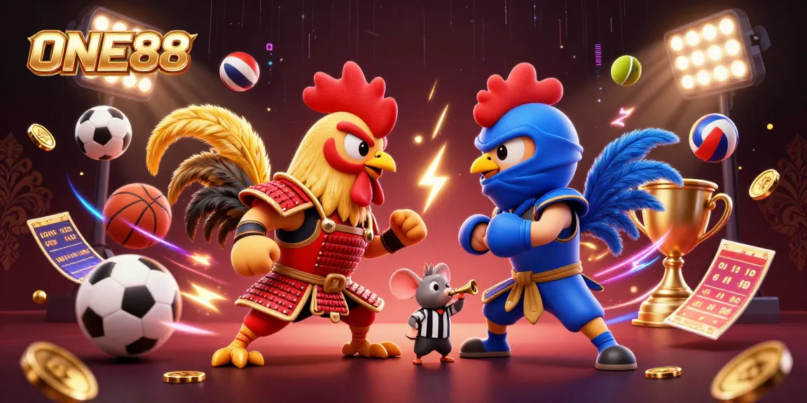 Engage in thrilling betting experiences at ONE88 with fierce rooster showdowns amidst vibrant sports elements.