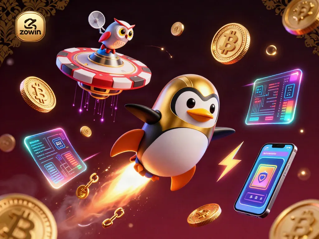 Experience exhilarating gaming moments with zowin, featuring a golden penguin and casino elements.