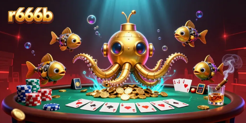 Experience the thrill of r666b with a golden kraken submarine amidst vibrant poker elements.