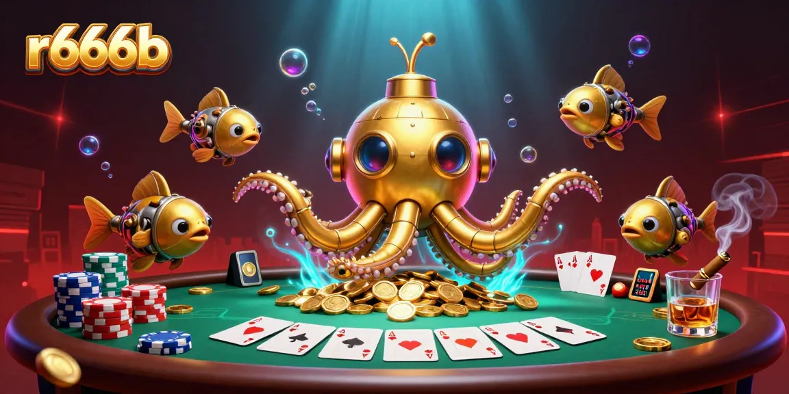Experience the thrill of r666b with a golden kraken submarine amidst vibrant poker elements.