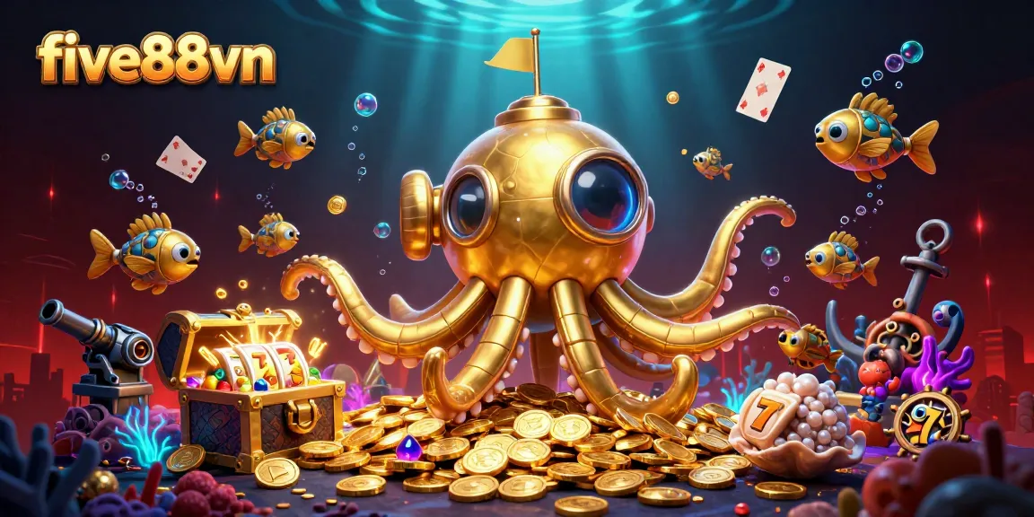 Experience the thrill of five88vn with an engaging underwater casino scene featuring a golden kraken and slot elements.