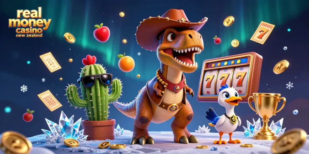 Experience excitement with real money casino new zealand featuring a dynamic 3D scene of fun characters and casino elements.