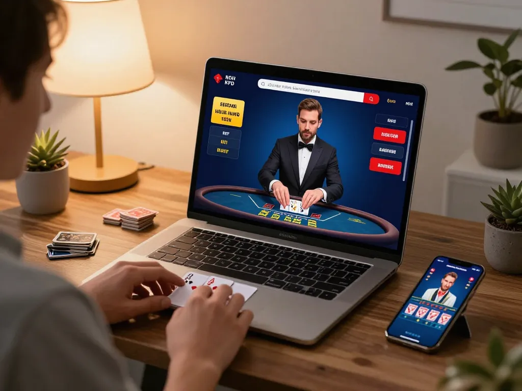 Player experiencing live dealer blackjack on 33nn platform, engaging in strategic gameplay at home.