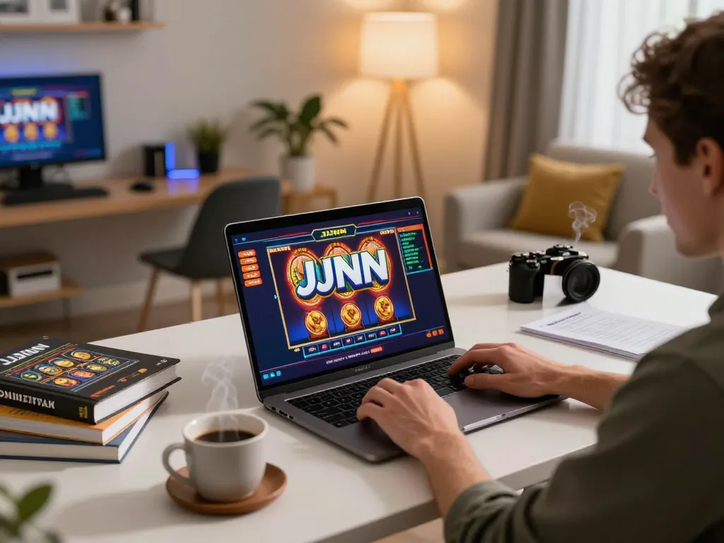 Player engaging with JJNN online casino slots from a stylish home office.