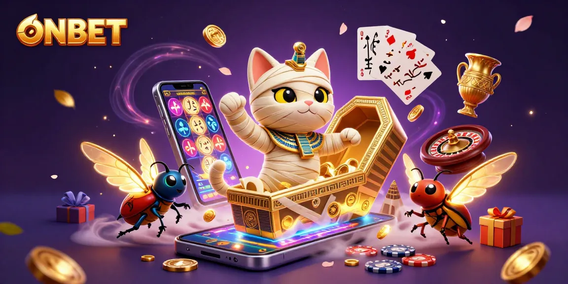 Engage in exciting gameplay with ONBET, featuring a mummy cat and casino elements.