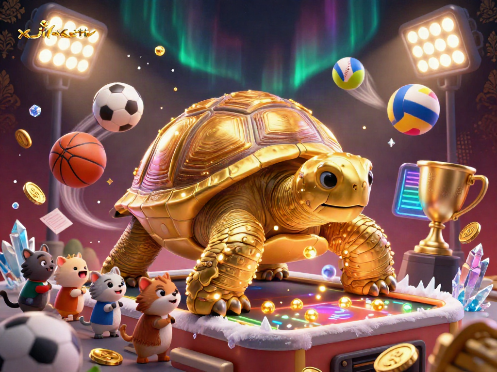 Engage with xoilactv's vibrant gambling scene featuring a golden tortoise pinball machine surrounded by sports elements.