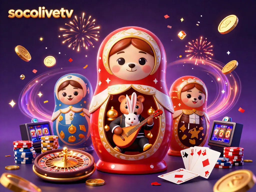 Socolivetv showcases a vibrant 3D illustration of a Matryoshka bear casino scene with dynamic game elements.
