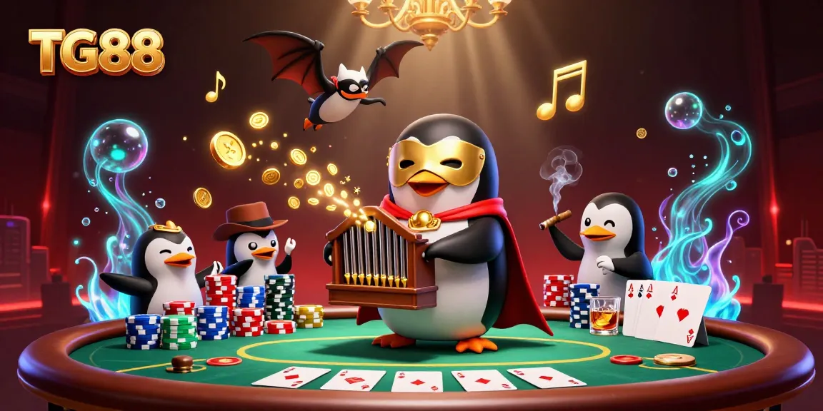 Experience the excitement of TG88 casino with a lively penguin character surrounded by poker elements.
