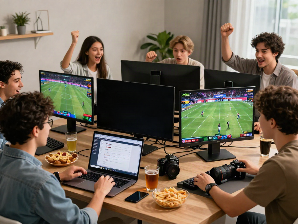 Exciting scene of friends enjoying betting on TA88, cheering for sports during a game.