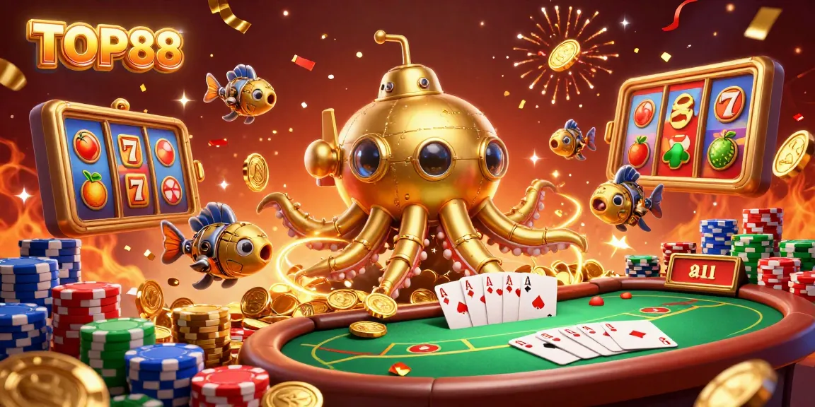 Top88 fuels excitement with a golden kraken submarine and vibrant slot reels amidst dynamic casino elements.