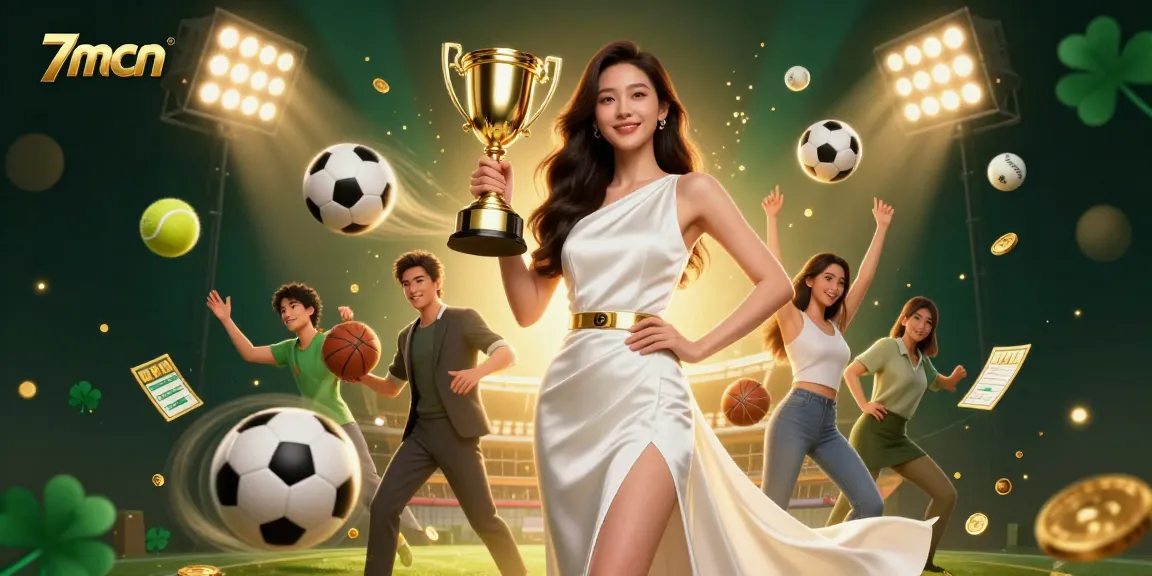 Experience thrilling sports excitement with 7mcn's dynamic illustration featuring victorious moments and betting elements.