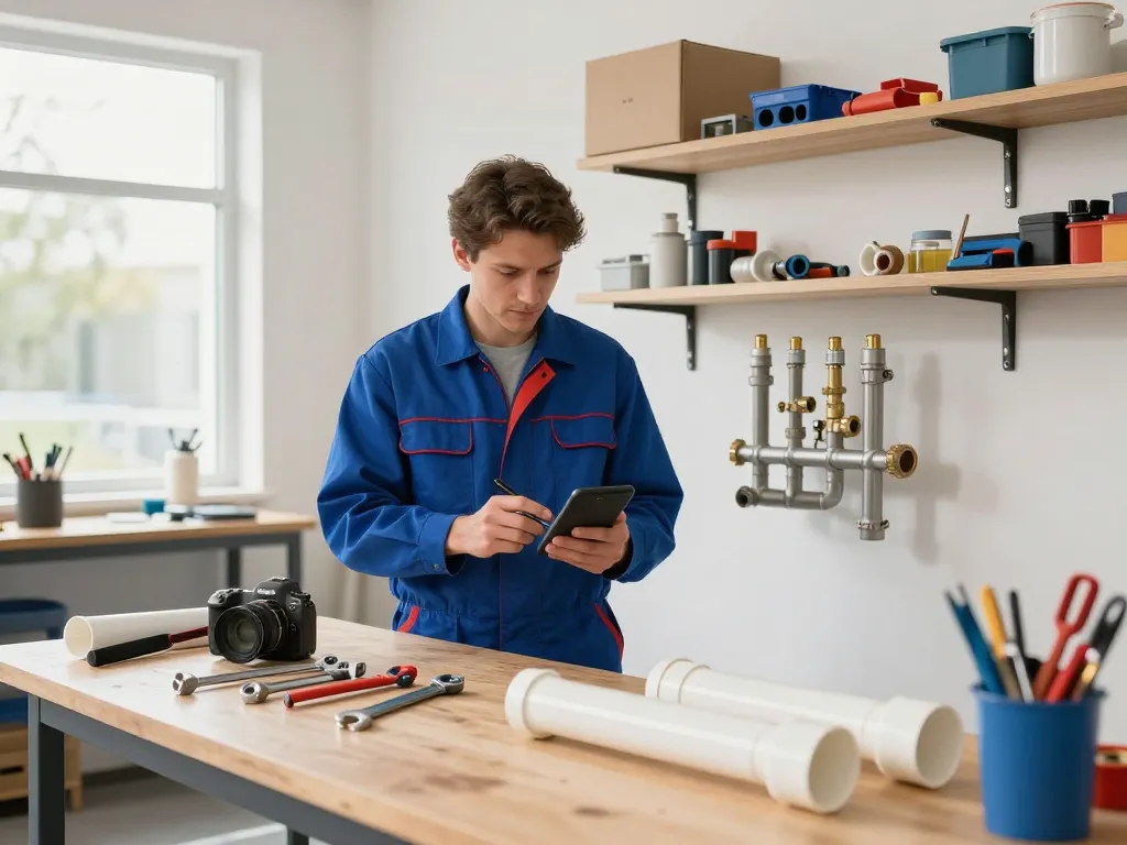 Encanador inspecting pipes with professional tools in a bright workshop