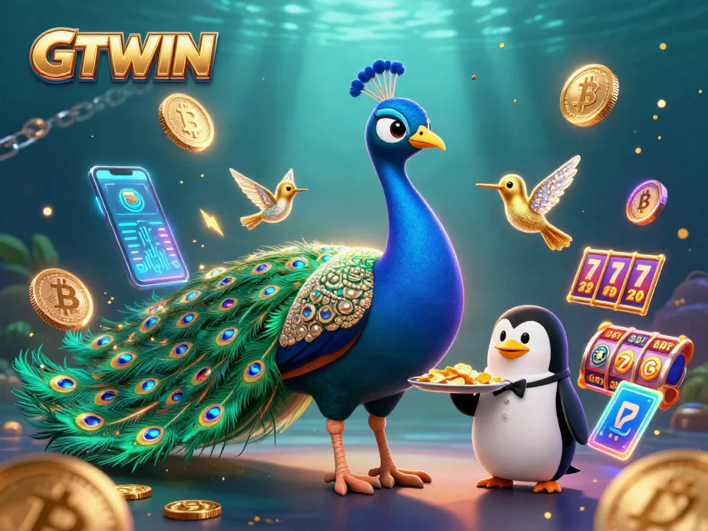 Experience the excitement of GTWIN with vibrant slot reels surrounded by 3D characters in a dynamic casino scene.