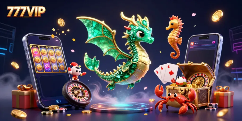 Bet on the vibrant 777VIP sea dragon scene, featuring dynamic casino elements around an enchanting underwater kingdom.