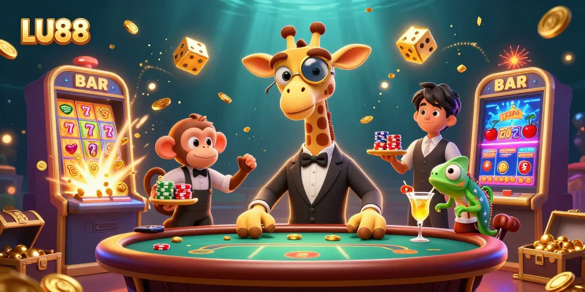 LU88 players enjoying dynamic slots with a high-roller giraffe, jackpot explosions, and exciting game features.
