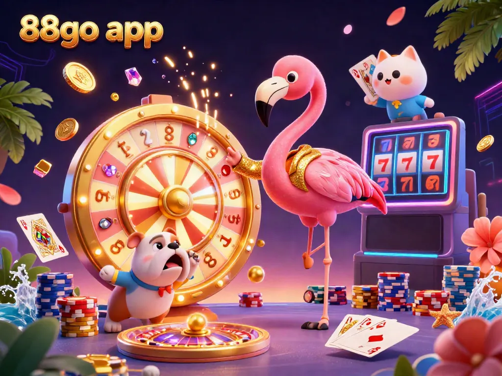 Win big with the exciting 88go app, featuring vibrant casino elements like spinning wheels and prizes.