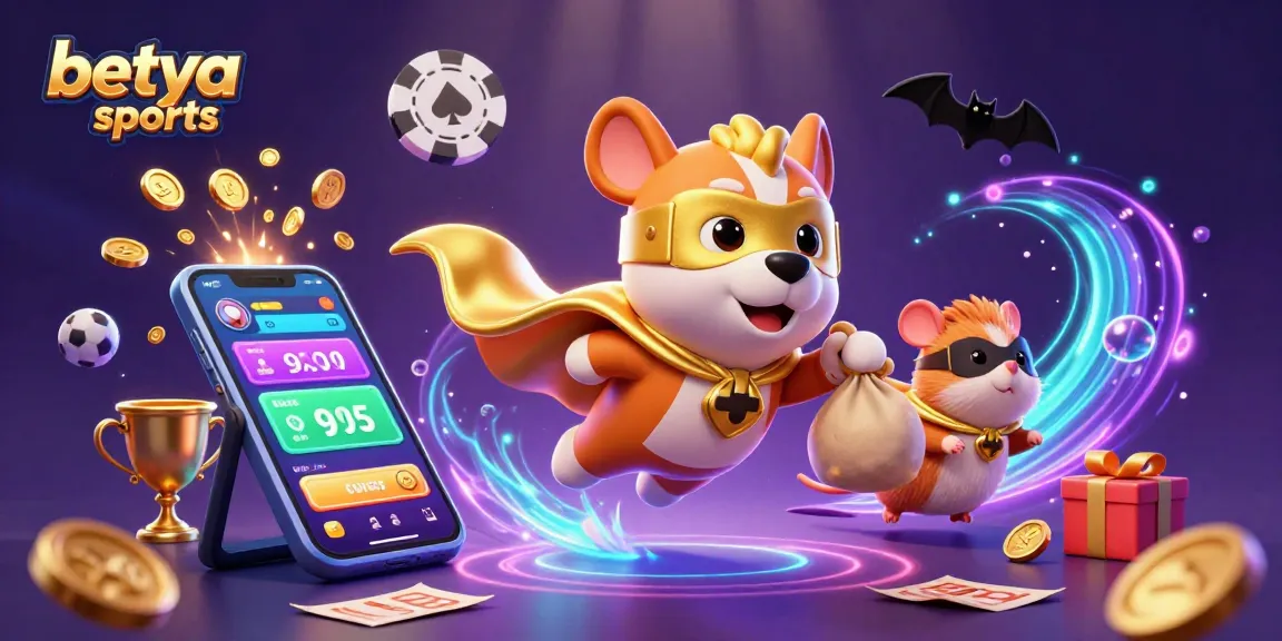 Engage with betya sports through dynamic sports betting action featuring a superhero dog and vibrant elements.