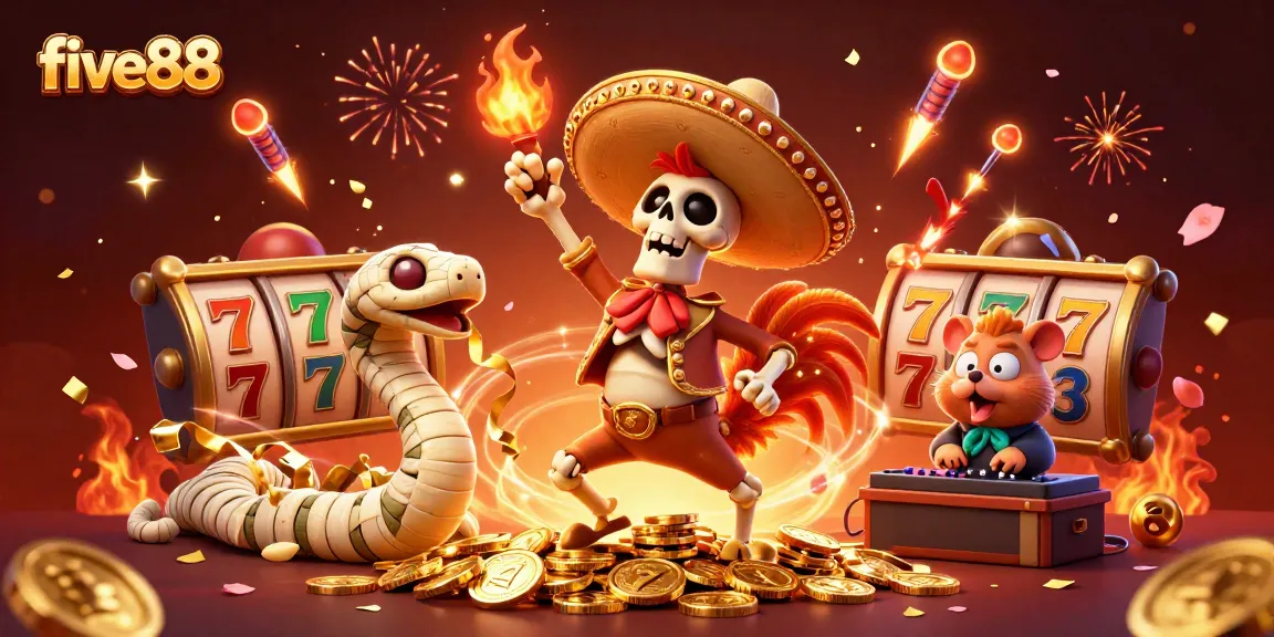 Win big with five88 at this vibrant casino scene featuring celebrating characters and slot games.