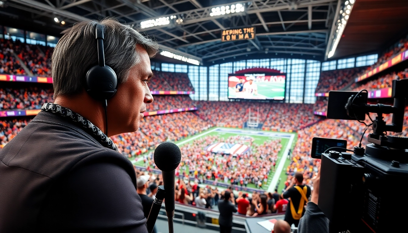 Dynamic sports broadcasting live from a stadium, featuring an enthusiastic anchor.