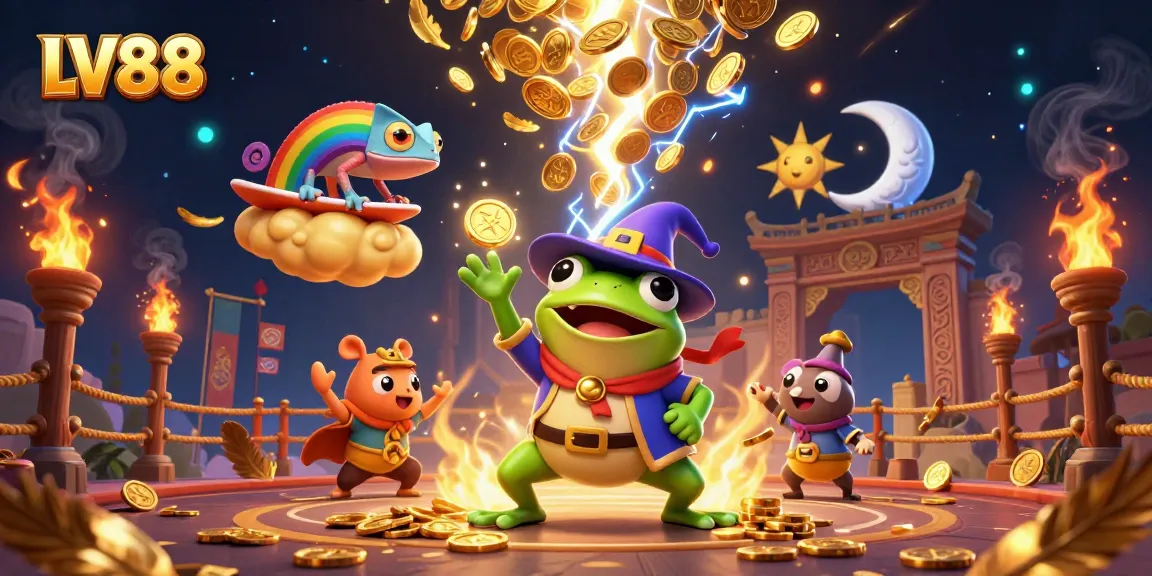 Experience the thrill of LV88 casino with vibrant characters and golden elements in an exciting 3D scene.