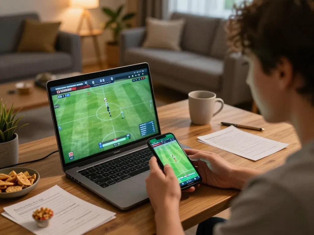 Socolive user engages in online sports betting with laptop and smartphone showing soccer lines