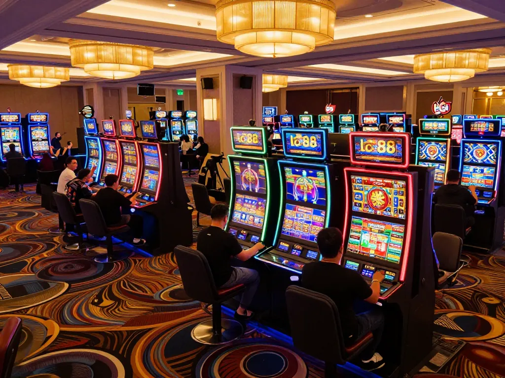 Players celebrating wins at vibrant lc 88 slot machines in a modern casino atmosphere