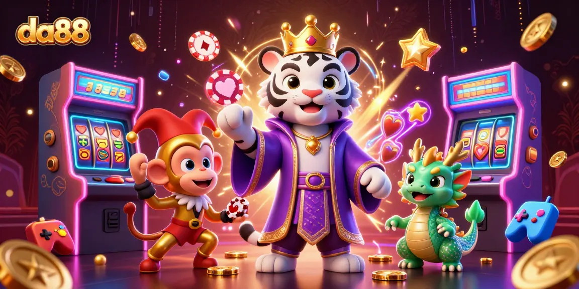 da88 players enjoy vibrant casino games with an elegant tiger and jester monkey in action